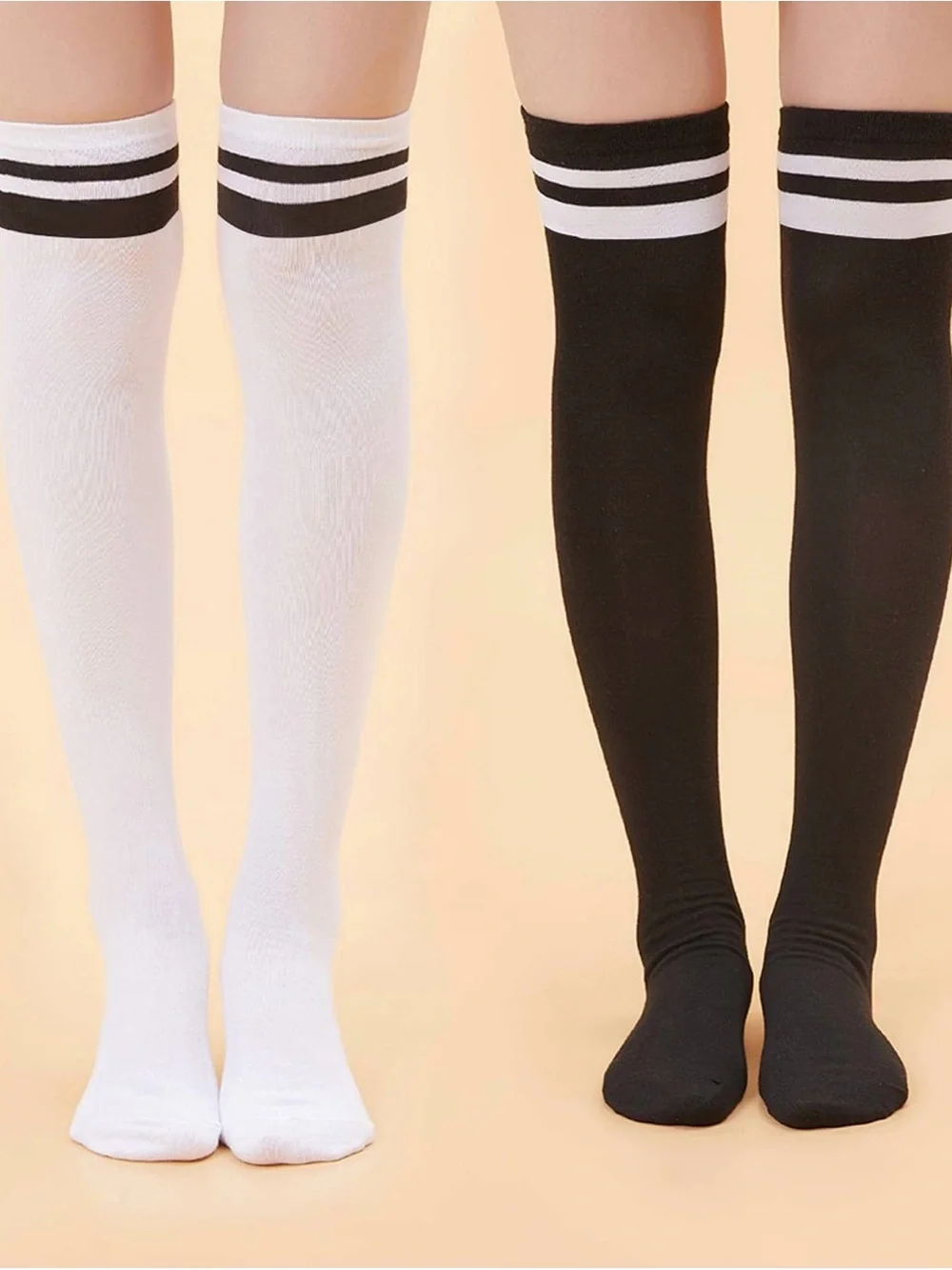 2 Pair Emo Punk Goth Alternative Over-the-Knee Athletic Stripe Socks Black White